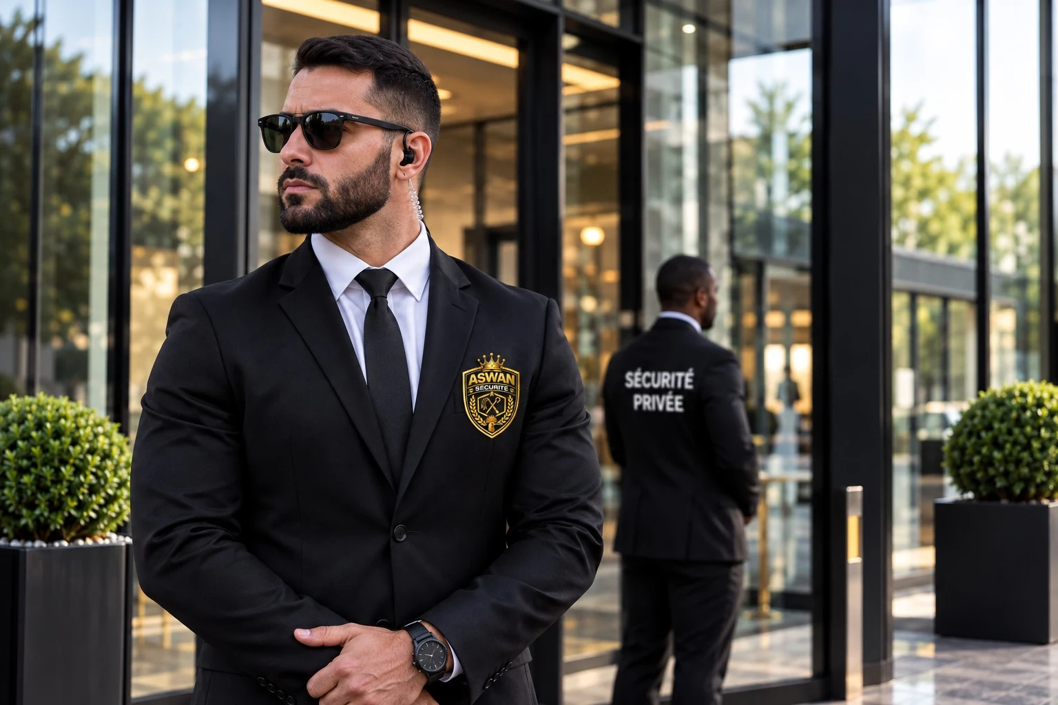 Équipe ASWAN SÉCURITÉ et responsable en costume devant un site professionnel